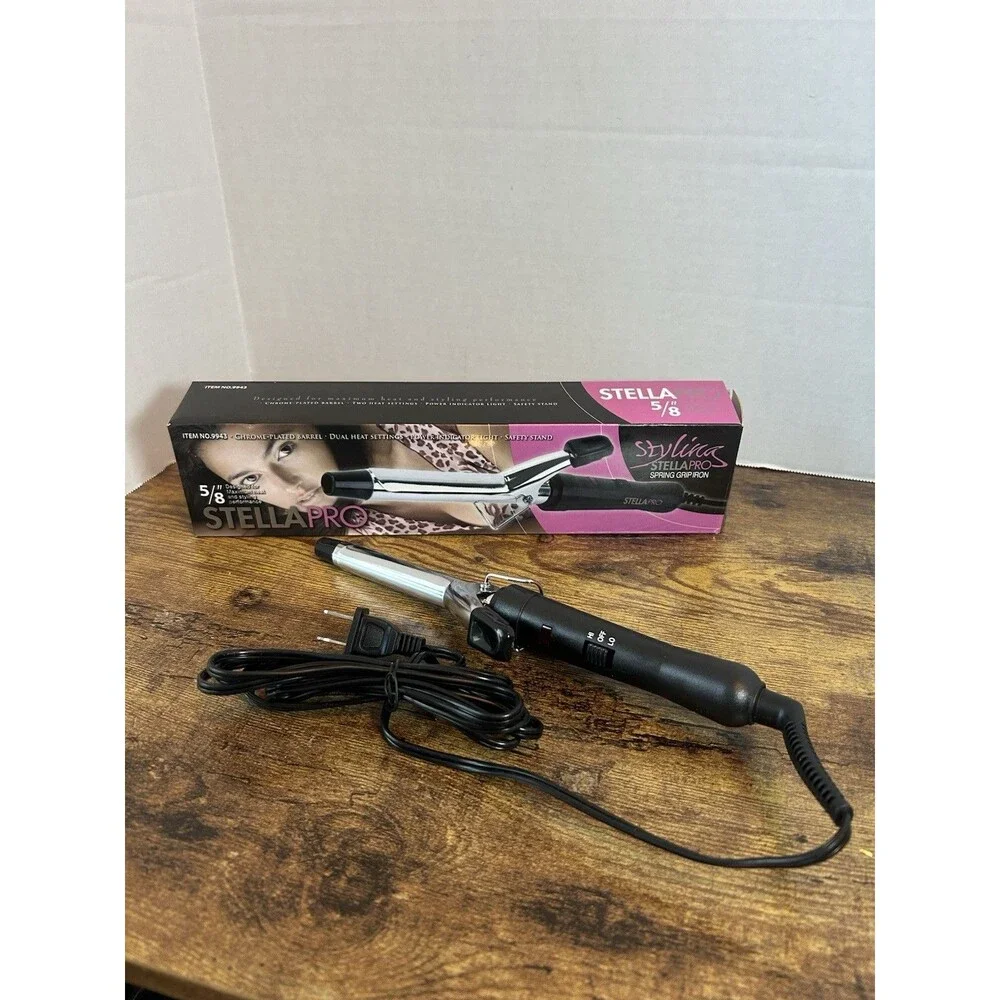 Stella Pro 5/8” Spring Grip Curling Iron Chrome Barrel Open Box Working New